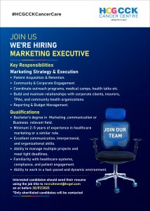 JOB ADVERTS MARKETING EXECUTIVE HCG CCK Cancer Centre