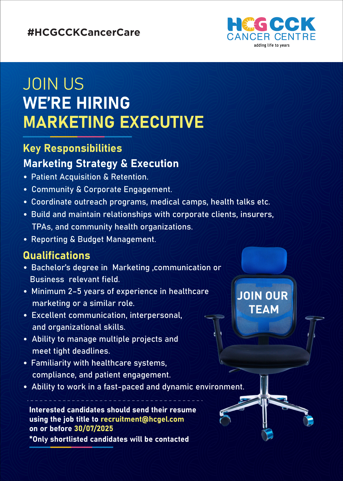 JOB ADVERTS MARKETING EXECUTIVE HCG CCK Cancer Centre