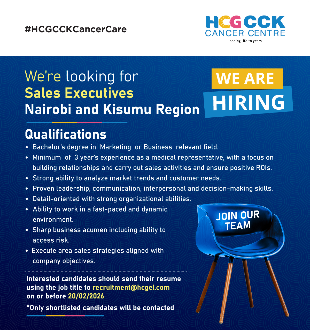 JOB ADVERTS SALES EXECUTIVE 2026 HCG CCK Cancer Centre